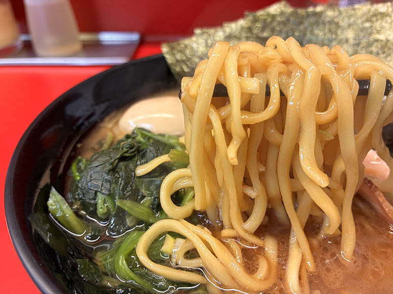 濃厚スープを持ち上げる、食べ応えある太麺